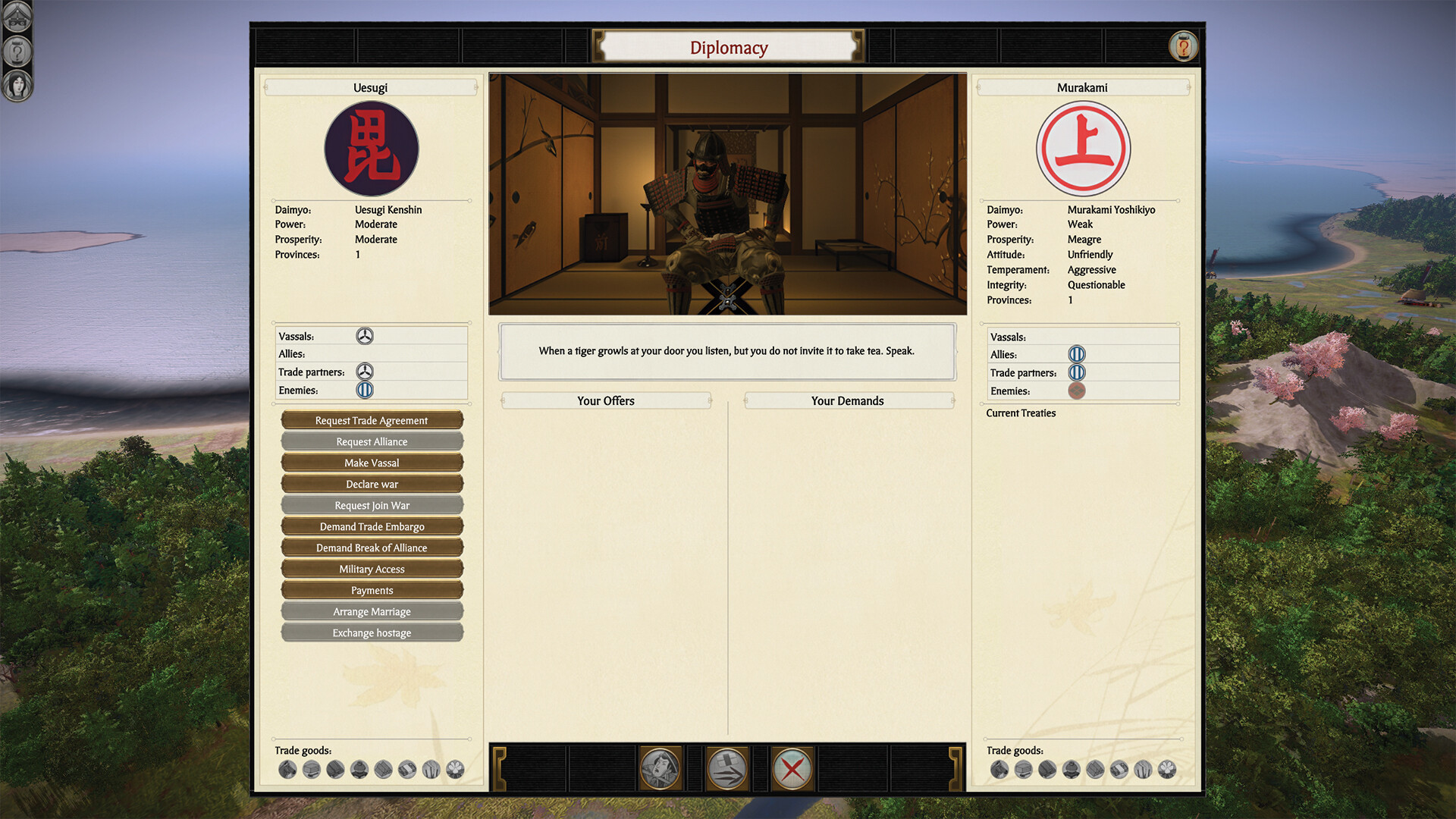 Steam screenshot of the diplomacy screen between Uesugi, led by Uesugi Kenshin, and Murakami, led by Murakami Yoshikiyo.