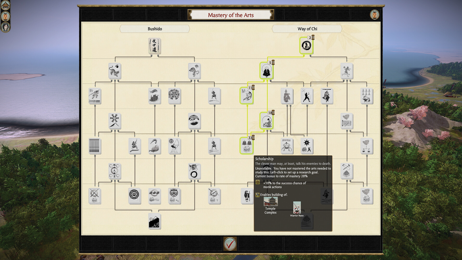 Steam screenshot of the Mastery of the Arts screen split into Bushido and Way of Chi, with the Scholarship art selected.